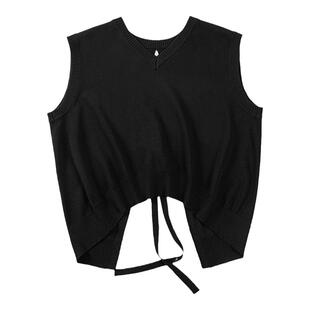 马登法式露背绑带叠穿针织马甲毛衣背心坎肩百搭上衣宽松显瘦秋女