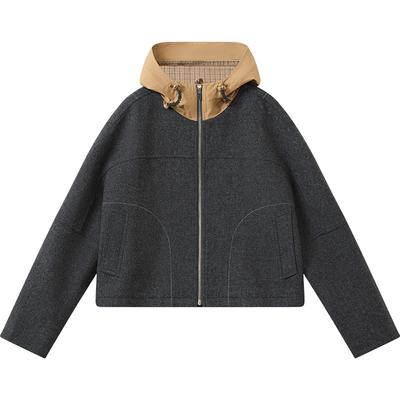 【羊毛】播复古运动感连帽短外套女秋冬宽松上衣DDS4WD5135