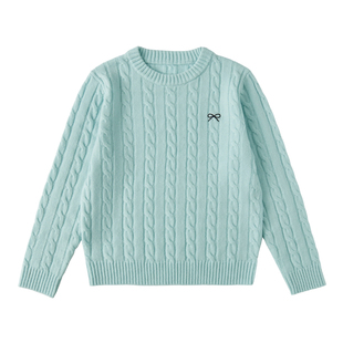 棵初25年冬季新款亲子中大女童蝴蝶结绞花毛衣温暖全羊毛纱线上衣