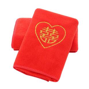 结婚毛巾回礼送人婚庆喜帕大红色喜字毛巾陪嫁非纯棉一对礼盒装