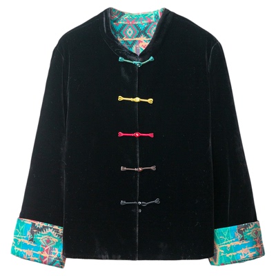 高定 双面穿彩色盘扣国风丝绒外套开衫女新中式真丝立领上衣秋