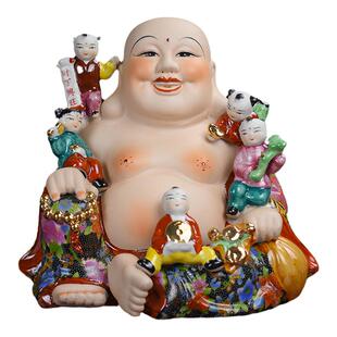 陶瓷五子登科弥勒佛摆件大肚笑佛瓷器佛像工艺品家居客厅摆设