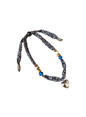 美拉德复古碎花圆木串珠丝巾项链