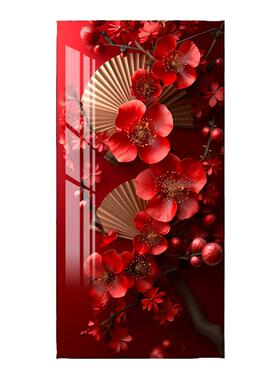 红色喜庆中国风入户玄关装饰画走廊过道挂画竖版酒店楼梯拐角壁画