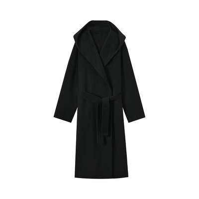 黑色毛呢外套女长款系带收腰赫本