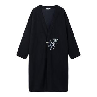 复古中式国风亚麻绣花加厚长款棉衣 汉服禅意棉袍子茶服外套