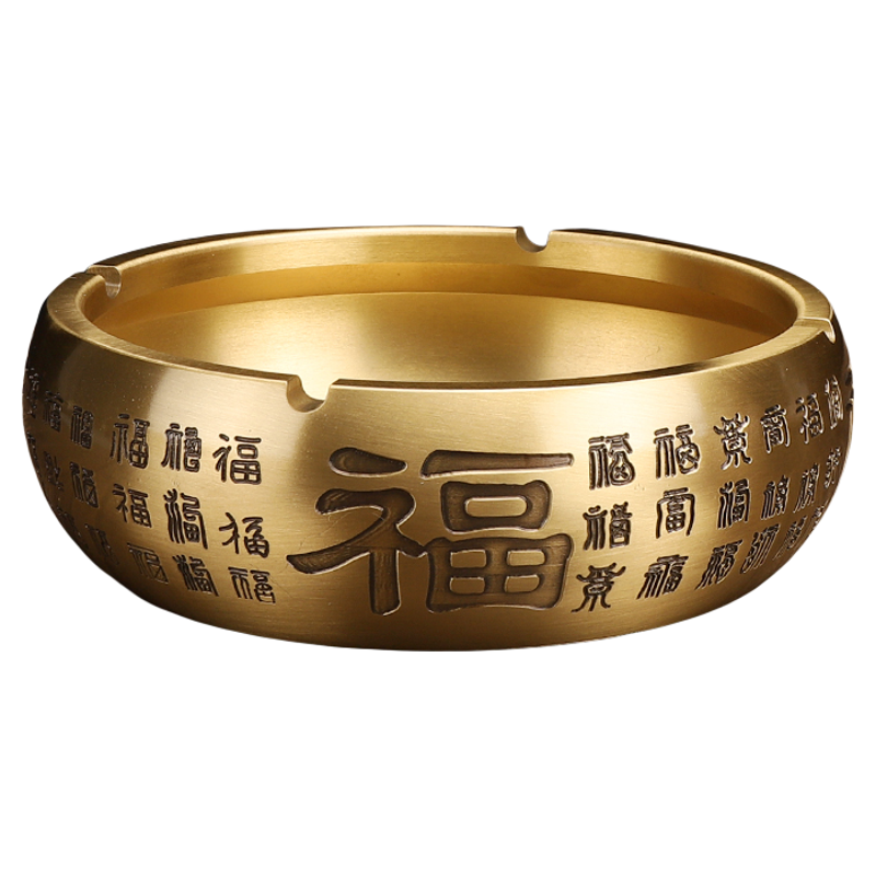 全黄铜烟灰缸百福精雕圆形客厅