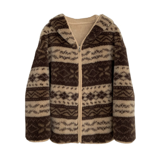 复古美式/费尔岛咖100羊羔毛皮毛一体冬季连帽宽松皮草毛毛外套女