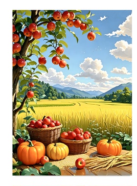 苹果金秋丰收图田园风景画装饰画背景墙装饰画自粘画饭店水稻挂画