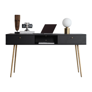 北欧轻奢实木书桌小户型学习桌工作台书房办公桌金属脚黑色写字台