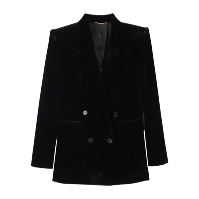 现货轻熟风黑色金丝绒时尚套装