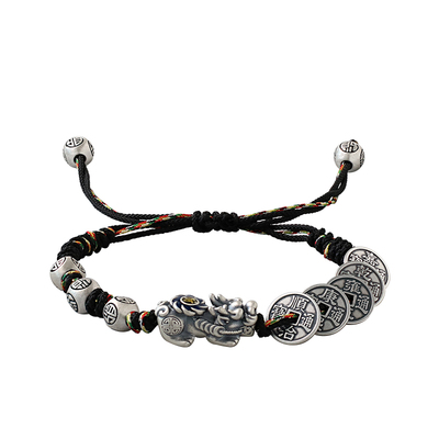 招财纳福纯银貔貅手链男士足银五帝钱编织红绳情侣手绳女手串礼物