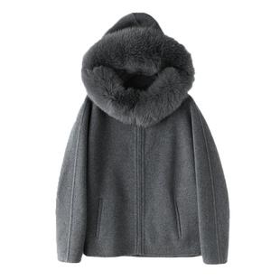 重磅狐狸毛领羊驼羊毛连帽双面呢短款大衣慵懒休闲拉链外套洋气女