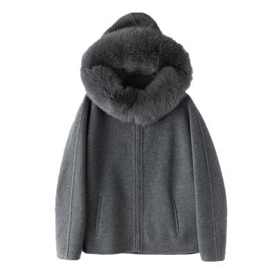 狐狸毛领羊驼羊毛连帽双面呢大衣