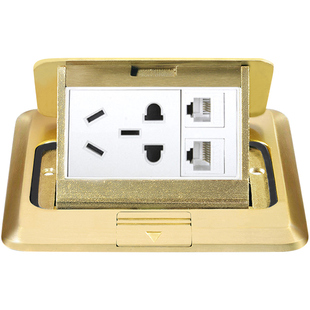 全铜防水电脑带五孔电源地插 双电脑电话网络网线弹起式地面插座