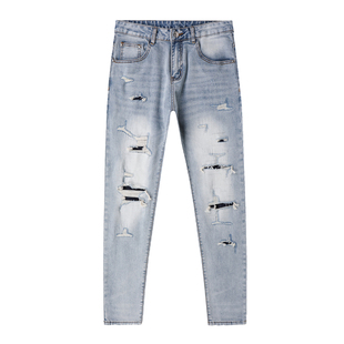 高端潮牌复古做旧破洞补丁牛仔裤男韩版修身显瘦长裤乞丐小脚裤子