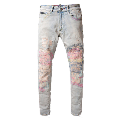 雅痞欧美潮牌风破洞针缝牛仔裤