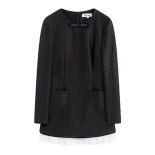 Marc Moore 2025秋季新款缎面蝴蝶结拼接百褶连衣裙女简约连衣裙