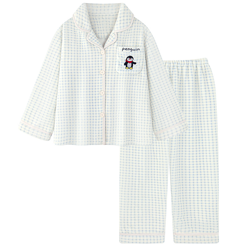 卡通格子珊瑚绒睡衣女款秋冬季加绒加厚保暖学生法兰绒家居服套装