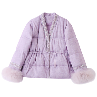 新中式狐狸毛羽绒服女短款2025年冬季新款收腰加厚镶钻白鸭绒外套