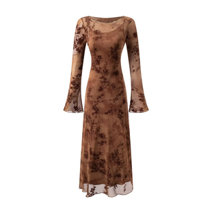 柔美油画 港风网纱长袖透视连衣裙+内搭弹力休闲吊带两件套长裙女