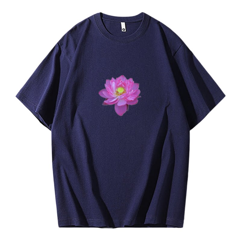卡通风荷花印花短袖T恤男女宽松纯棉圆领百搭上衣