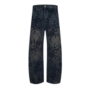 冬季加绒加厚牛仔裤男美式复古提花植绒刺绣弯刀香蕉裤个性潮裤子