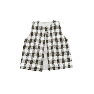 双面设计灰茶色棉麻日系大口袋格子马甲 ATELIERSOMEPIECE 工碎