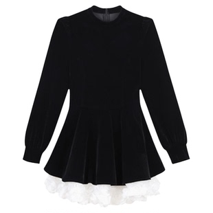 黑色赫本风小个子小黑裙礼服连衣裙女小个子长袖公主风气质高级感