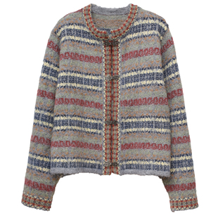 ohmyloli 波嬉风民族复古感拼色提花做旧金属搭扣加厚开衫毛衣