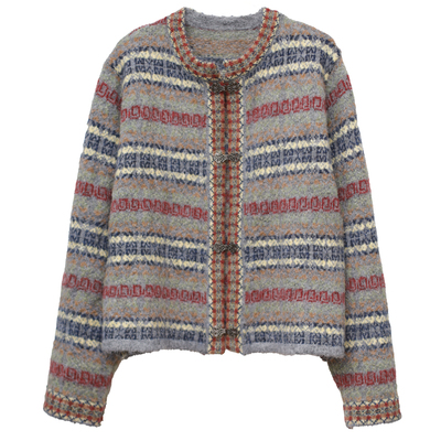 ohmyloli 波嬉风民族复古感拼色提花做旧金属搭扣加厚开衫毛衣