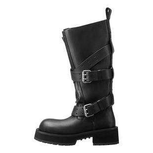 烫黑色做旧牛皮大头皮带扣马丁靴2025秋冬新款厚底大长筒骑士女靴