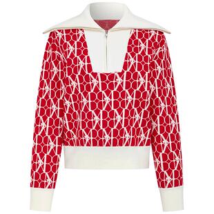 曼德诗绵羊毛混纺针织衫2024冬季新款时尚满印polo衫撞色套头衫女