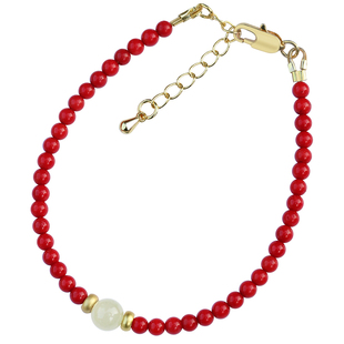 天然珊瑚石本命年红色小米手链女款新中式古风和田玉手串小众精致