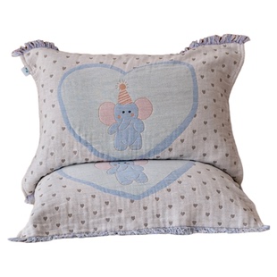 流苏心心小象枕巾A类四层纱布纯棉布蓝色枕头巾四季通用儿童卡通