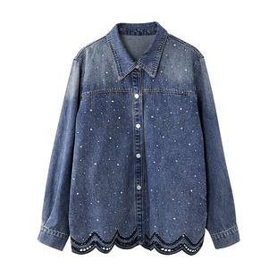 宝诗黎翻领烫钻牛仔衬衫外套2026春季韩版蕾丝拼接休闲百搭女装