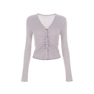 wana try条纹修身抽褶紫色温柔上衣2025秋季新款简约气质女款长袖