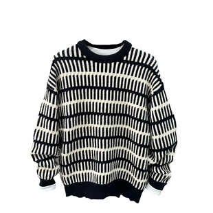 2025秋冬高级感条纹提花针织毛衣男美式潮牌休闲痞帅百搭宽松线衣