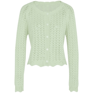 马天奴女秋季新款浅绿色镂空针织衫开衫薄款长袖罩衫外套时尚气质