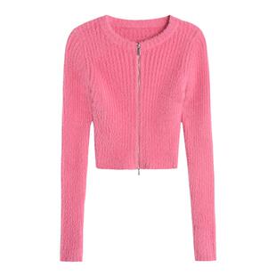 MULVAN拉链毛衣开衫女冬季新款仿貂毛毛衣修身短款针织衫上衣