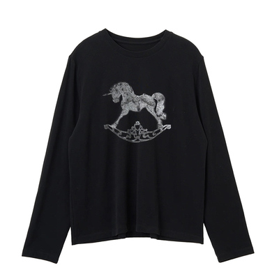 SoloForTwo‘摇曳的幻兽’ 黑色做旧磨毛大图案印花宽松长袖T恤