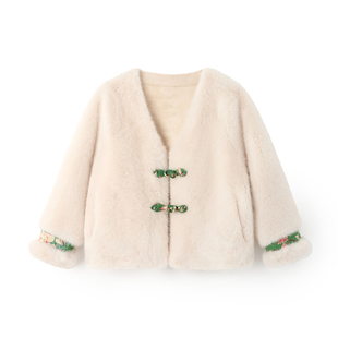 OPCP儿童皮草外套秋冬新款仿水貂毛女童新中式中大童短款毛毛开衫