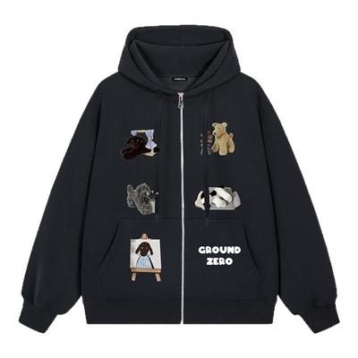 itGROUNDZERO2025秋冬加绒男女同款黑色卡通拉链连帽长袖卫衣上衣