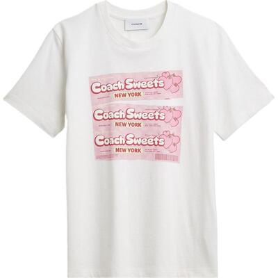 COACH/蔻驰奥莱女士棉质SWEETS图案经典白色圆领短袖T恤