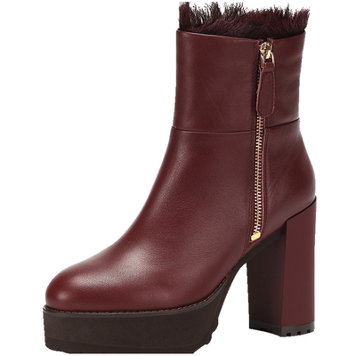 Aee爱意牛皮毛毛拉链圆头女靴