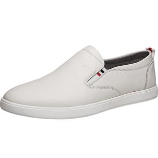 七匹狼真皮男鞋秋季透气休闲皮鞋软面软底一脚蹬白色中年爸爸鞋子