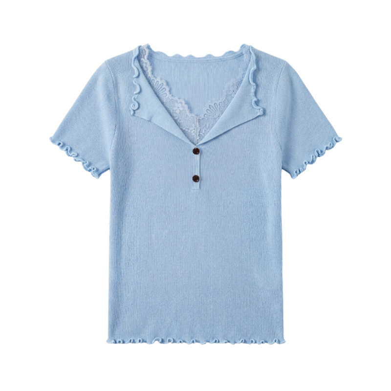 a02蕾丝拼接木耳边冰丝短袖针织衫夏季v领日常休闲上衣修身女t