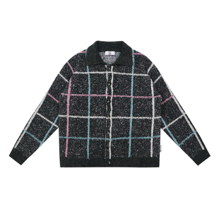 EMPTY REFERENCE 羊毛斑驳质感复古格纹翻领重磅针织毛衣开衫外套