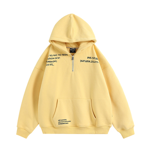 INSstudios 国潮牌情侣美式刺绣LOGO半拉链卫衣宽松加绒连帽衫男