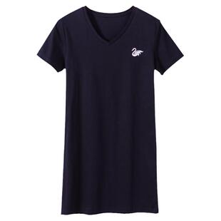 v领短袖中长款t恤女2026夏新款修身气质打底衫刺绣洋气遮屁股上衣